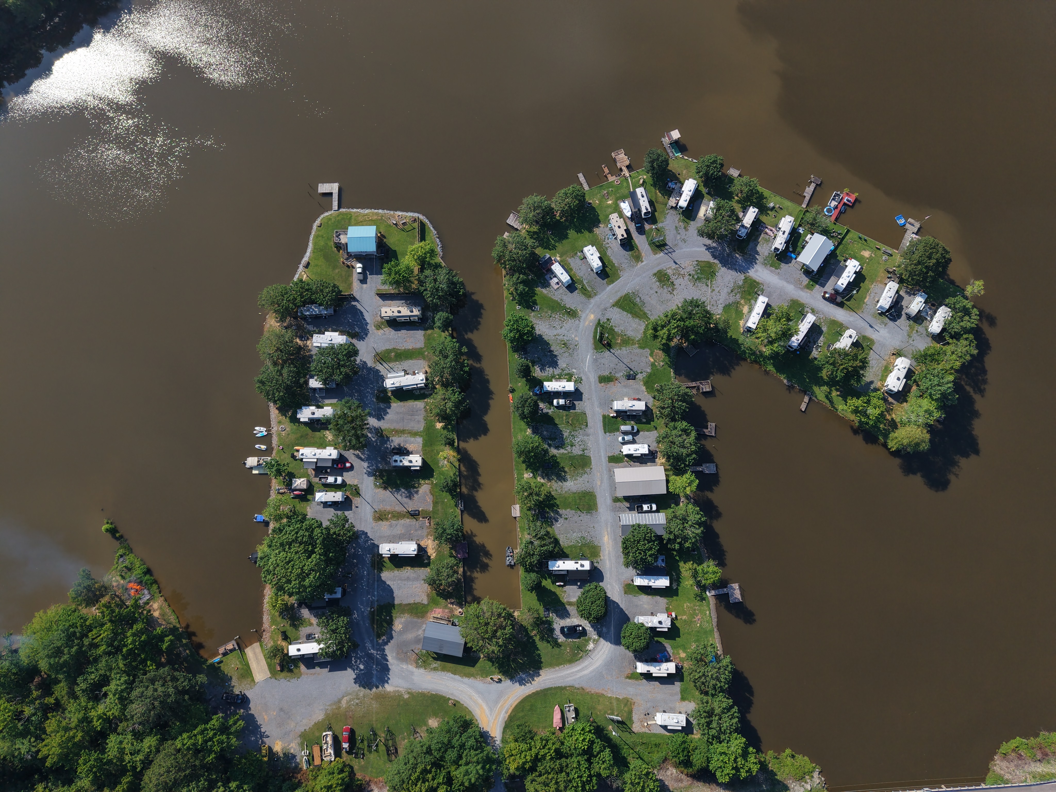 Aerial view of the RV park shoreline along Weiss Lake