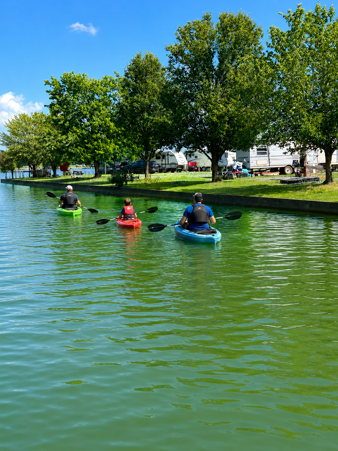 Family kayaking on Weiss Lake alongside the RV park shoreline