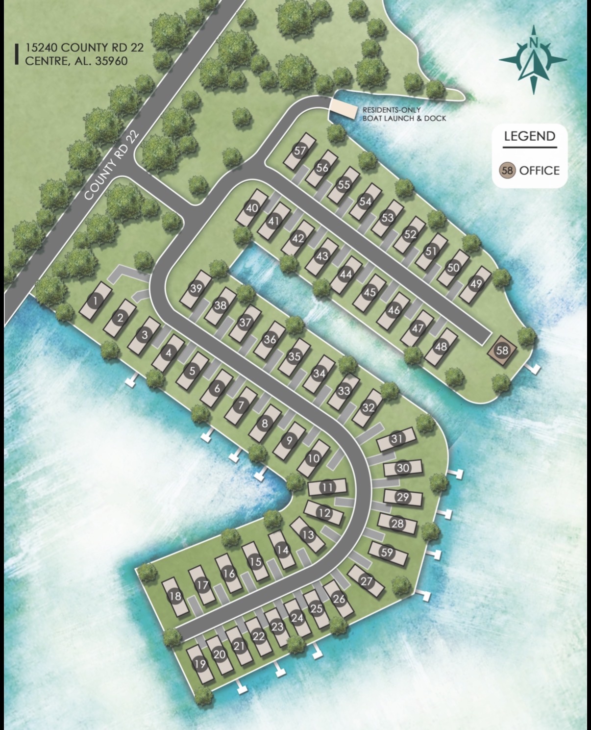 Site plan of Lake Haven RV Retreat showing 59 numbered lots along the Weiss Lake shoreline