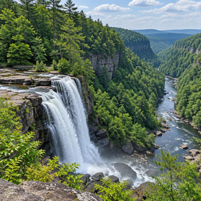Waterfall pouring into a deep green forested canyon