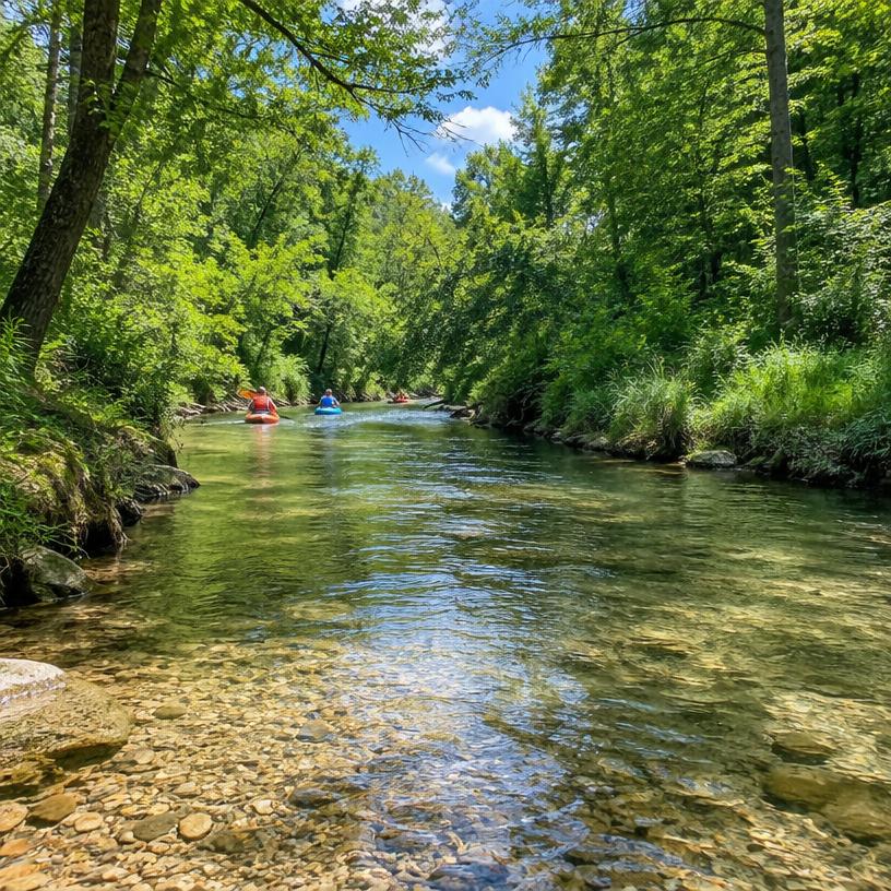 Clear shallow creek with kayakers winding through green forest