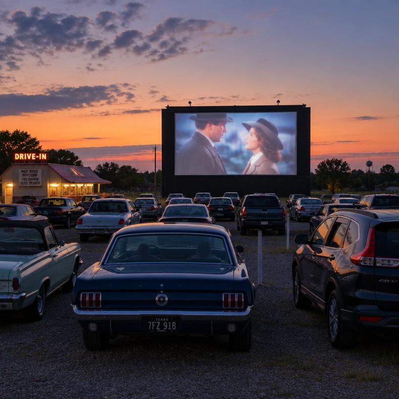 Classic drive-in movie theater with cars parked under a dusk sky