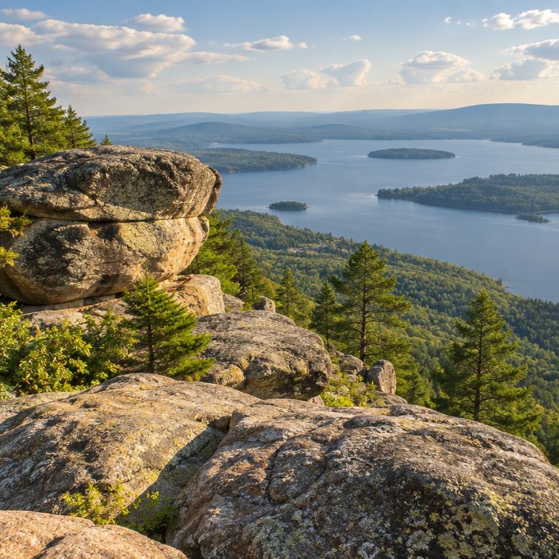 Sandstone boulders overlooking a wide lake from a mountain top